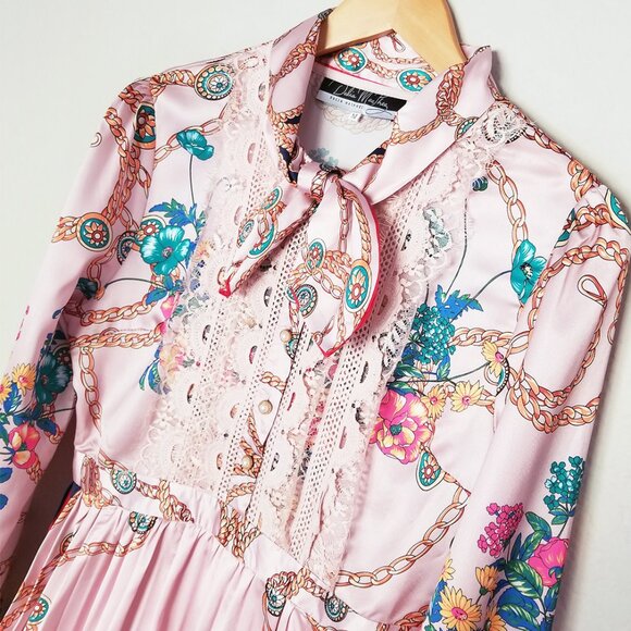 Dalia MacPhee Pink Lace Long Sleeve Printed Pleated Midi Dress M Vintage Luxe - Picture 5 of 16